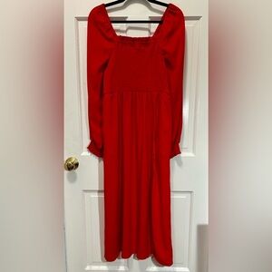La Linge Long Red Dress Woman’s Sz Small Billow Sleeve Rouched Bodice High Slit
